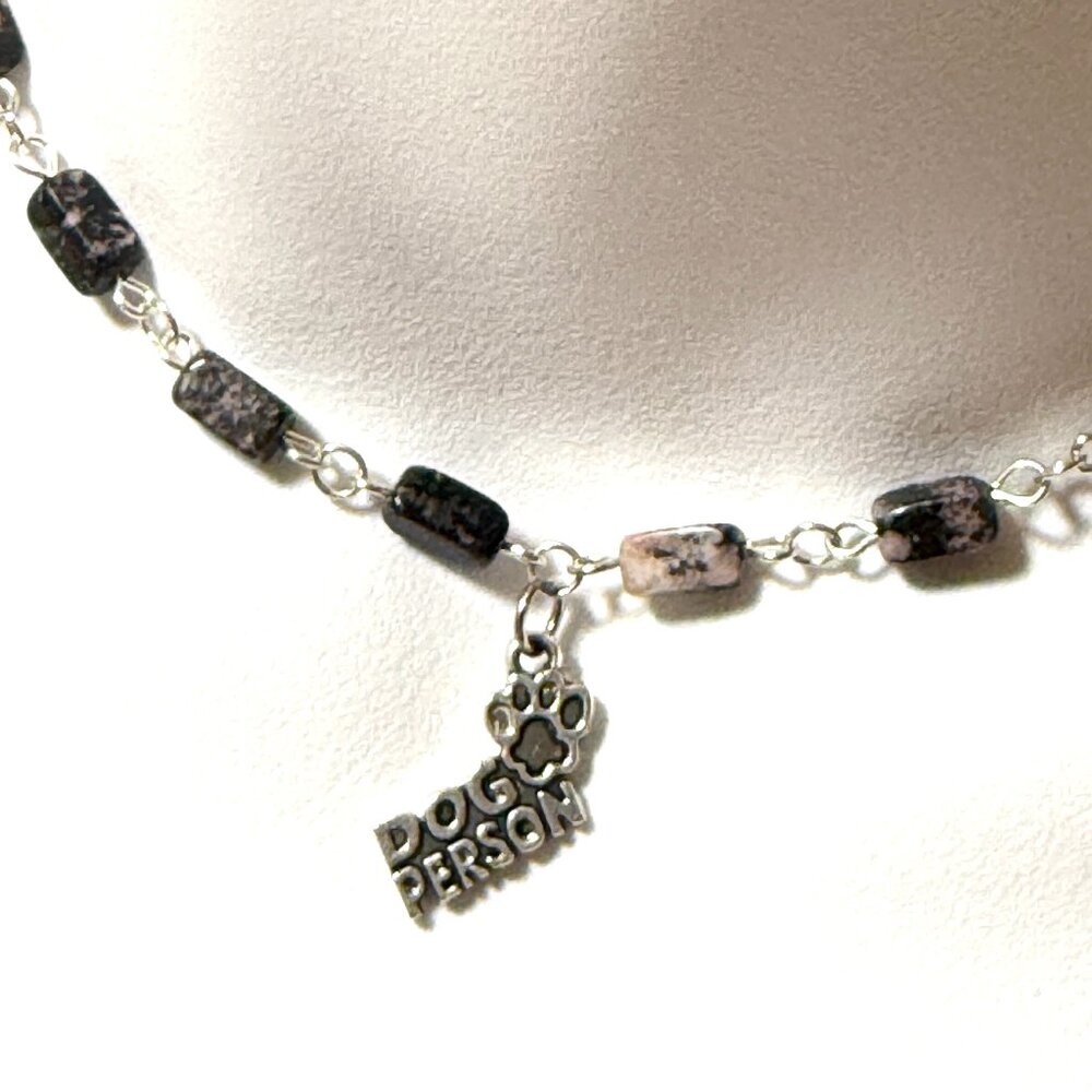Genuine Gemstone Black Pink Rhodonite w/ Dog Person Pendant Short Necklace